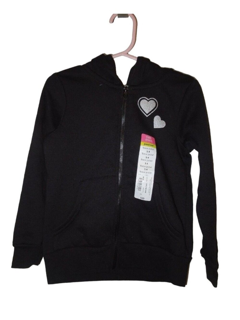 Toddler Girls Okie Dokie Comfy Fleece Solid Black Silver Hearts Zip-up Sweater S
